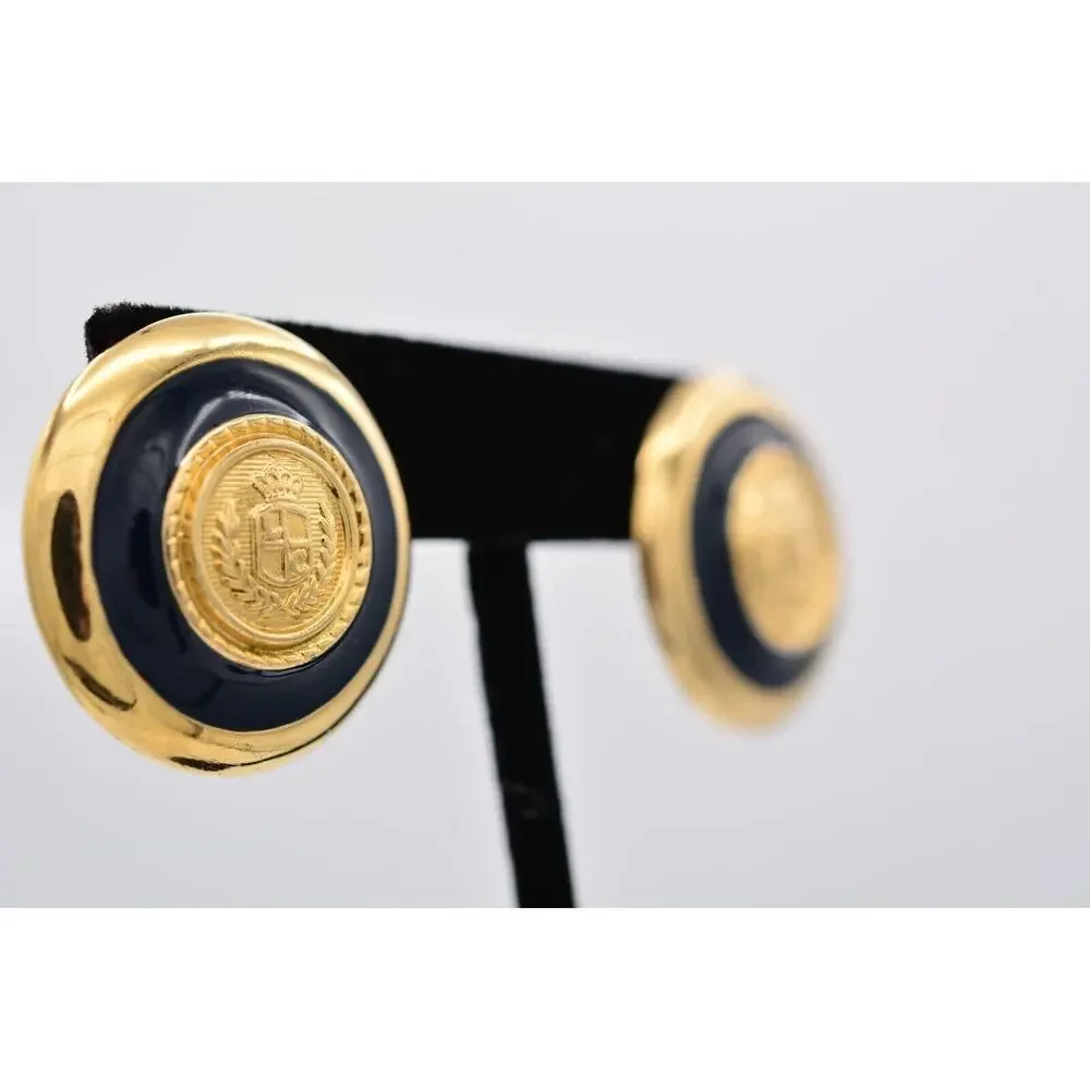 Liz Claiborne Vintage Earrings Gold Coin Chunky Black Logo LCI Signed 90s 9L